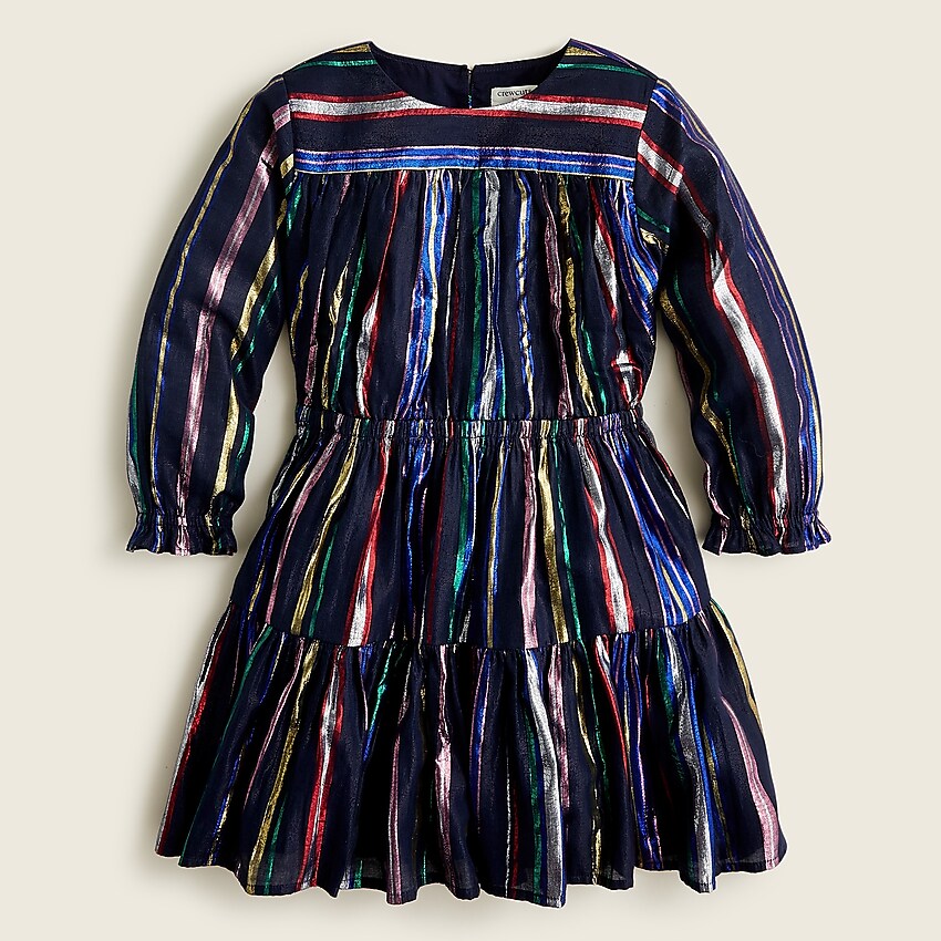 j.crew: girls' puff-sleeve dress in metallic rainbow stripe for girls, right side, view zoomed