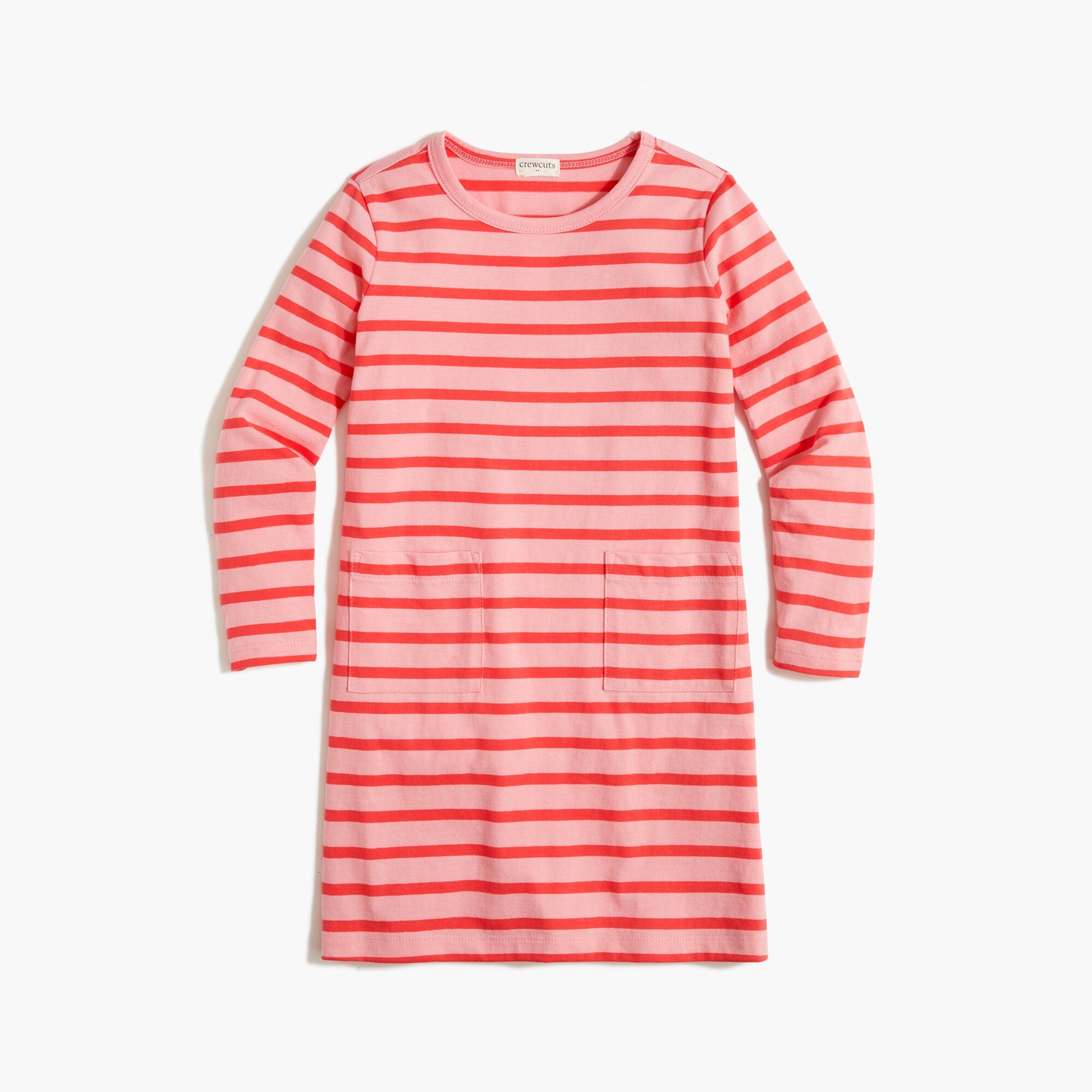 Girls' long-sleeve pink stripe patch pocket dress