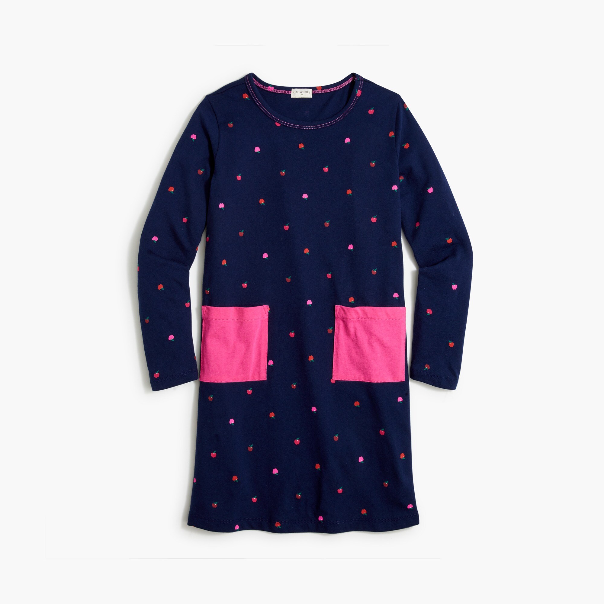 Girls' long-sleeve tiny apple patch pocket dress