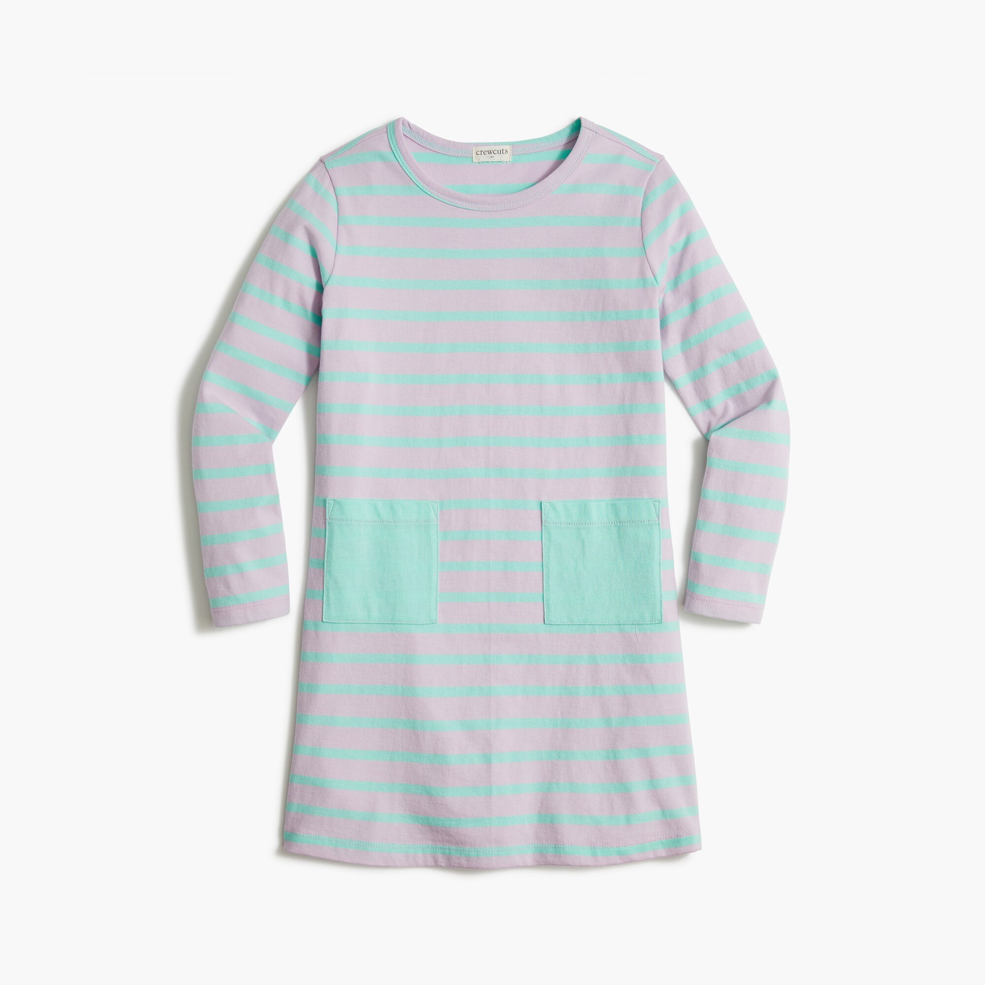 Girls' long-sleeve purple stripe patch pocket dress