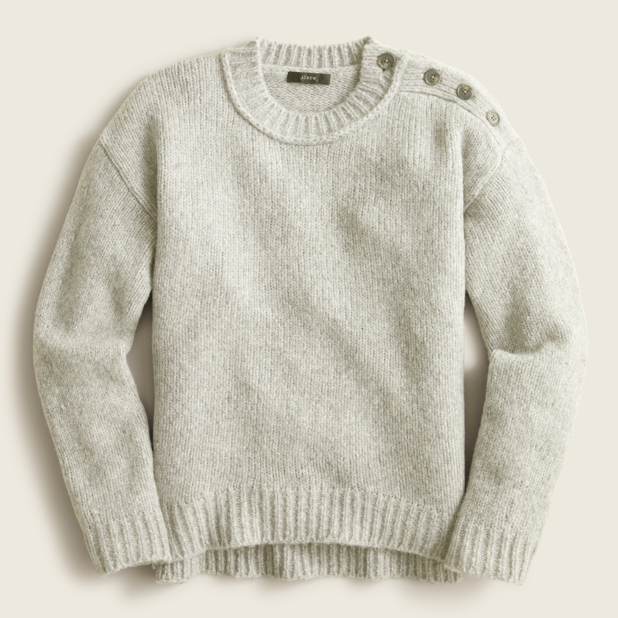 Button-shoulder heathered crewneck sweater