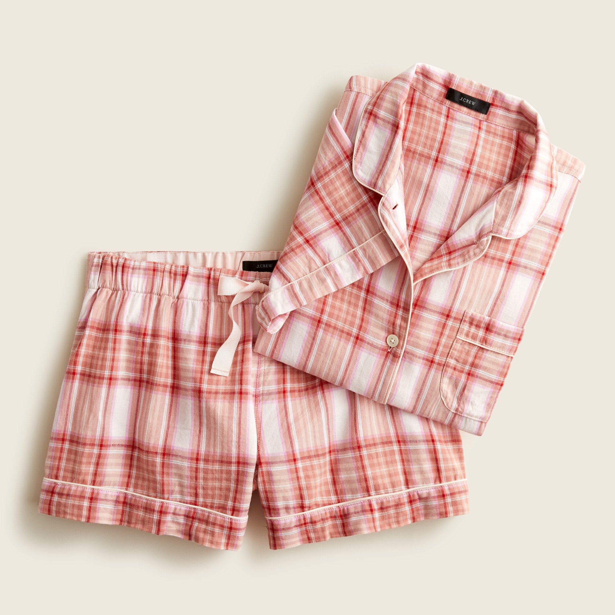 J.Crew: Flannel Pajama Short Set In Blush Tartan For Women