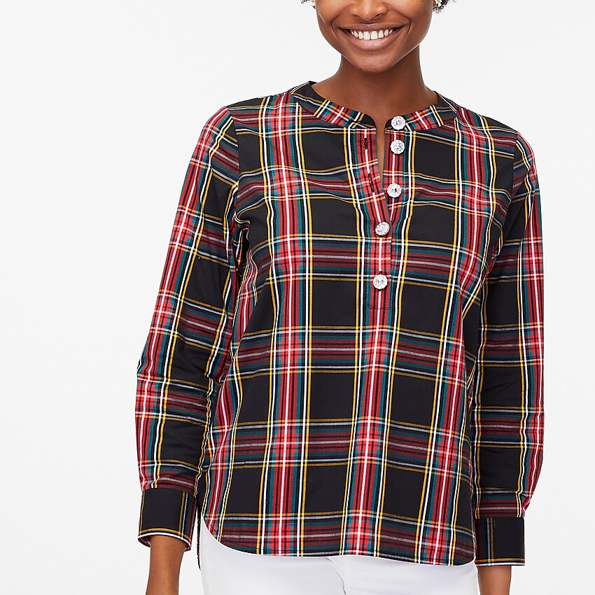factory: tartan cotton poplin top with jewel buttons for women, right side, view zoomed