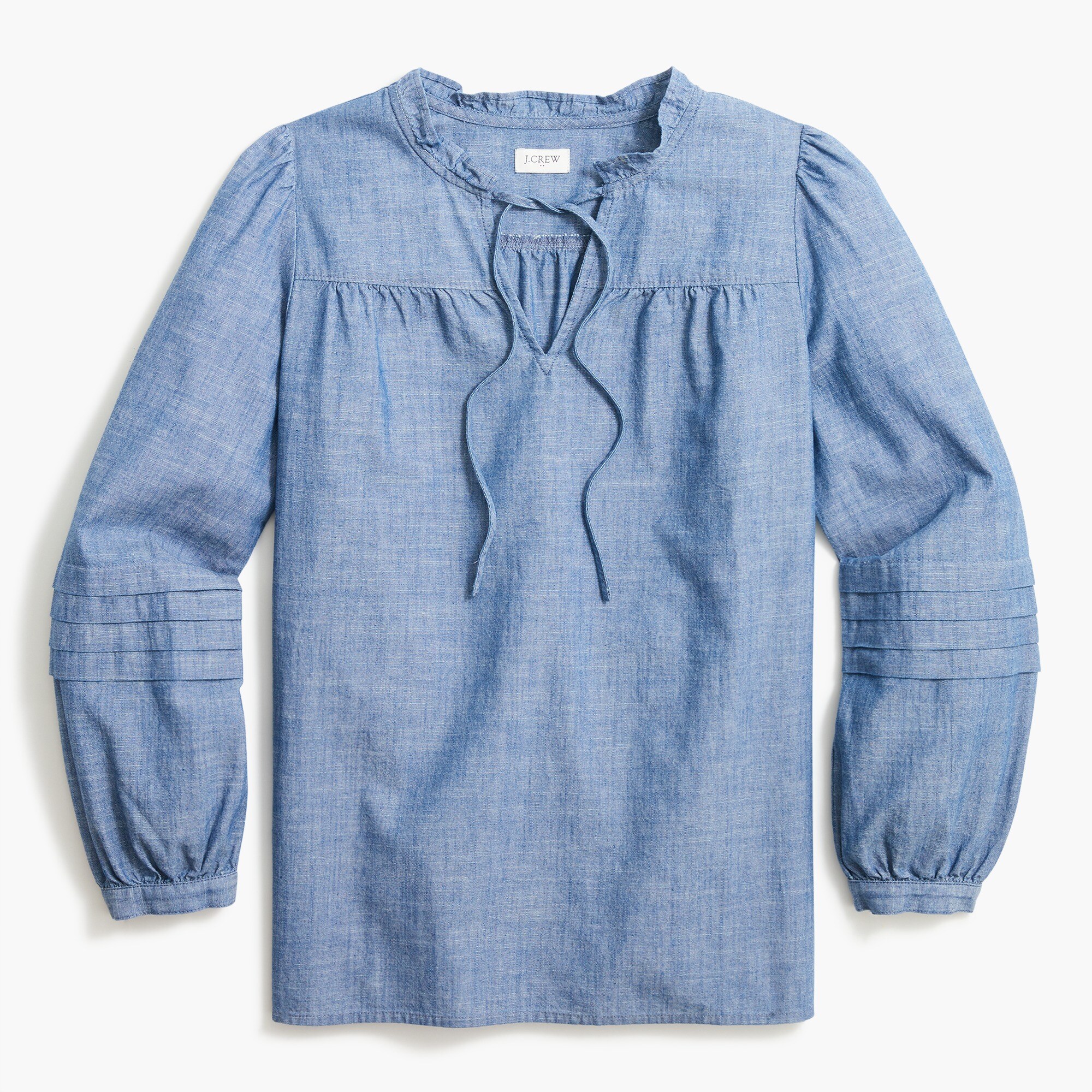 chambray ruffleneck peasant top for women
