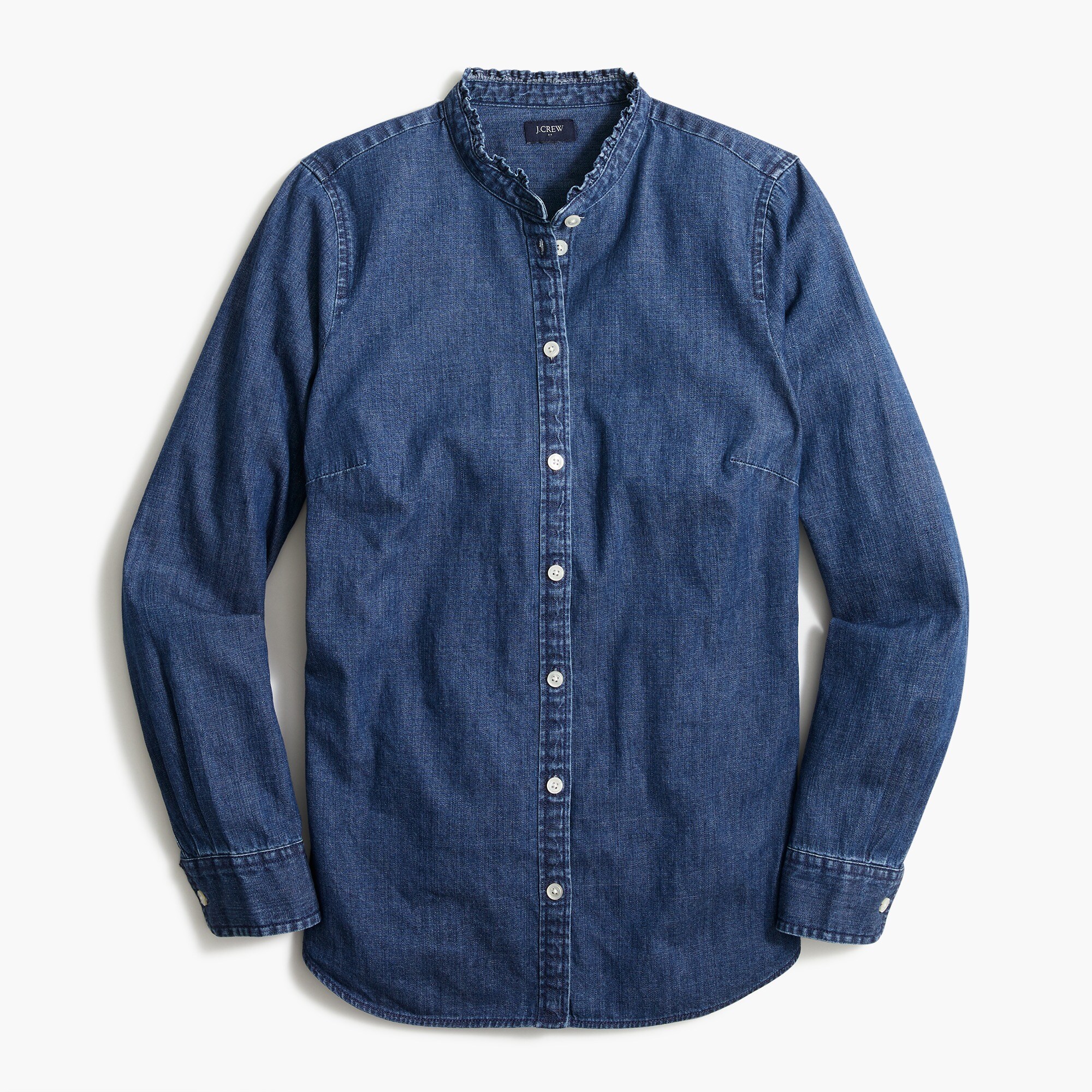 chambray button-up top with ruffles for women