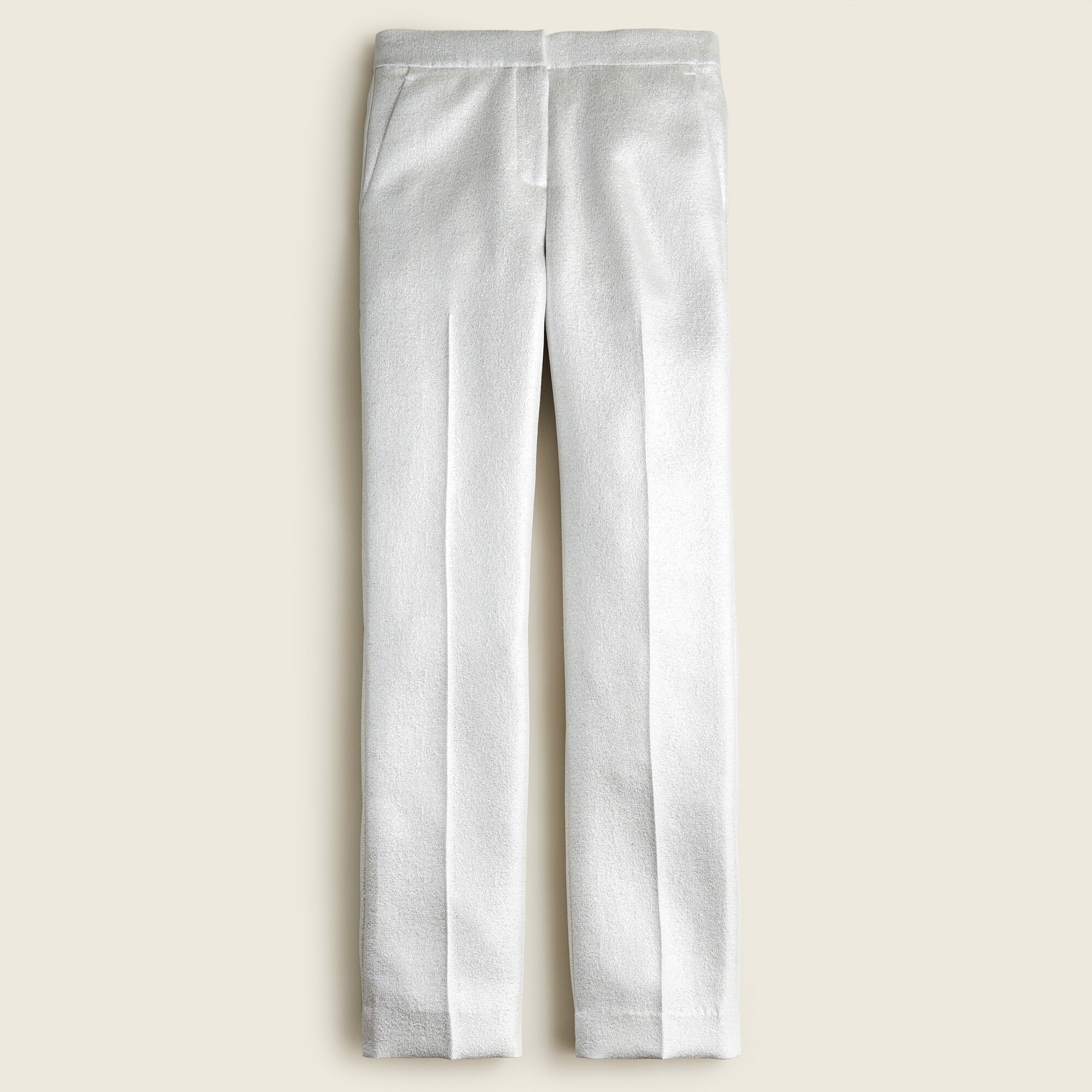 Full-length straight-leg pant in metallic silver lamé