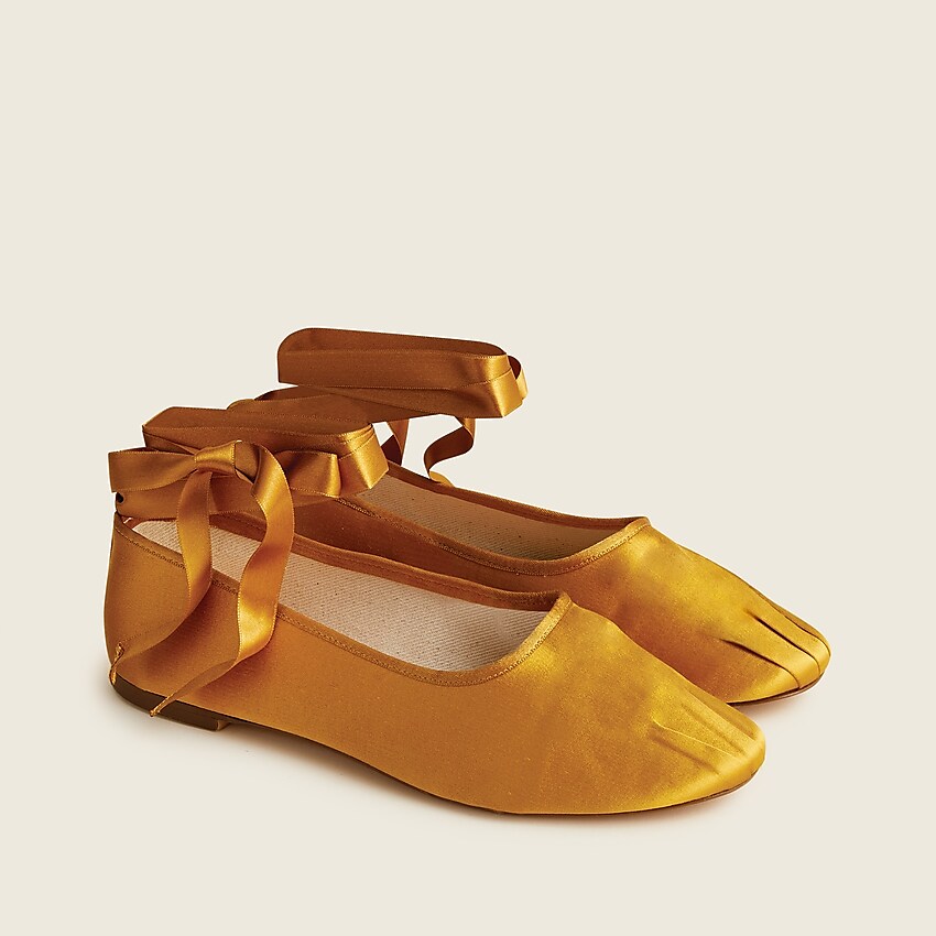j.crew: pleated satin ribbon-tie ballet flats for women, right side, view zoomed