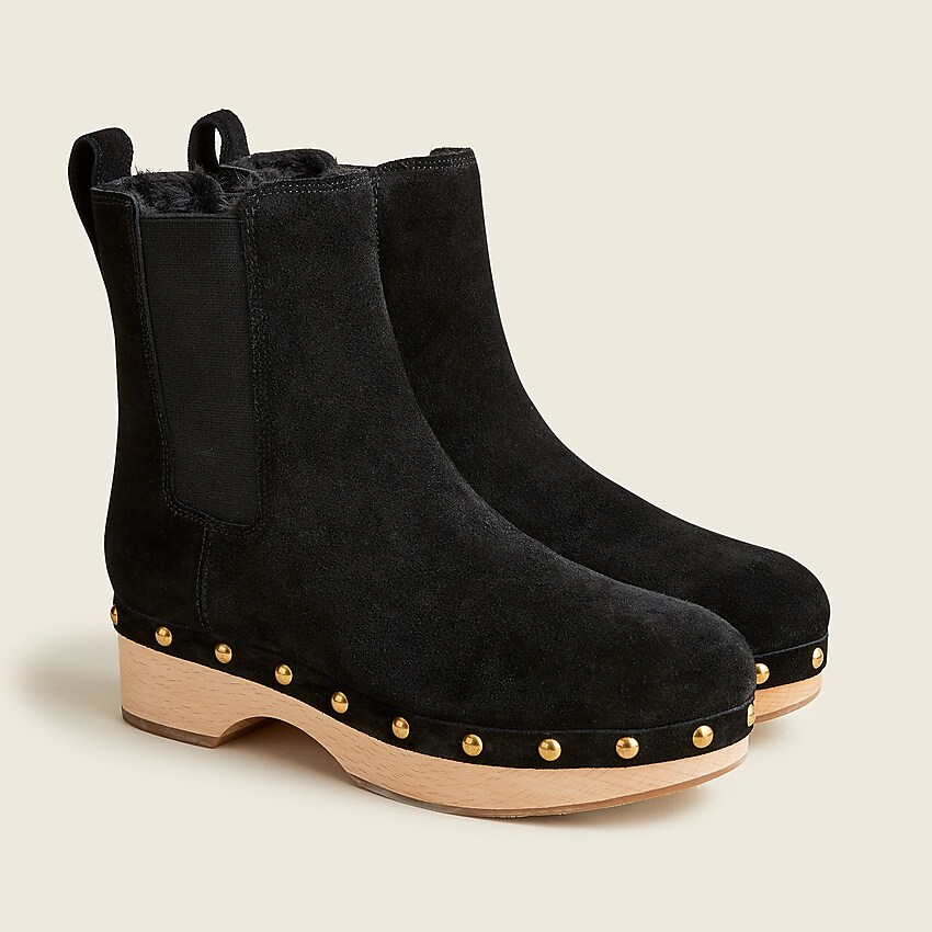 j.crew: faux-fur lined clog boots in suede for women, right side, view zoomed