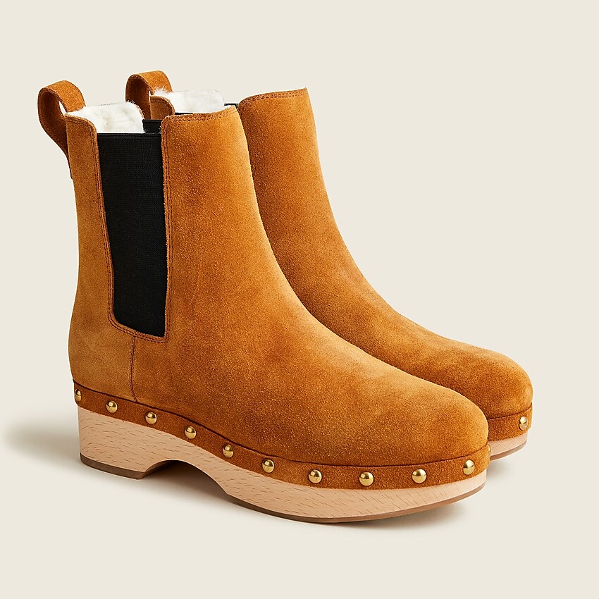 j.crew: faux-fur lined clog boots in suede for women, right side, view zoomed