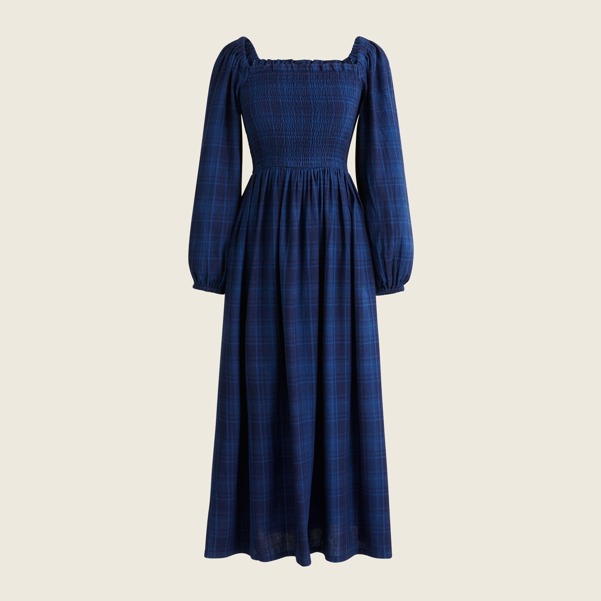 blue plaid dress with puff sleeves Smocked Puff-sleeve Dress In Indigo Plaid For Women