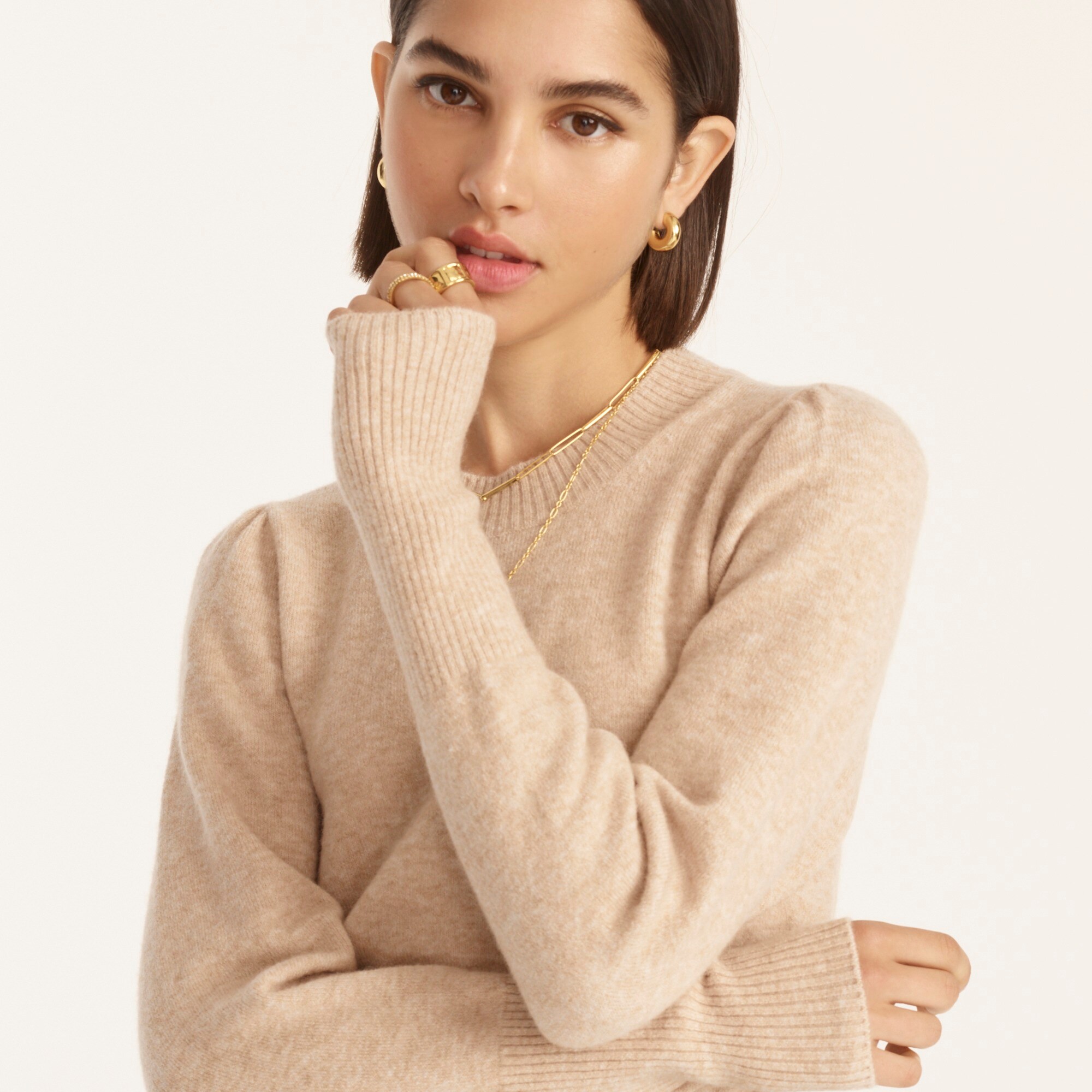 Puff-sleeve crewneck sweater in supersoft yarn