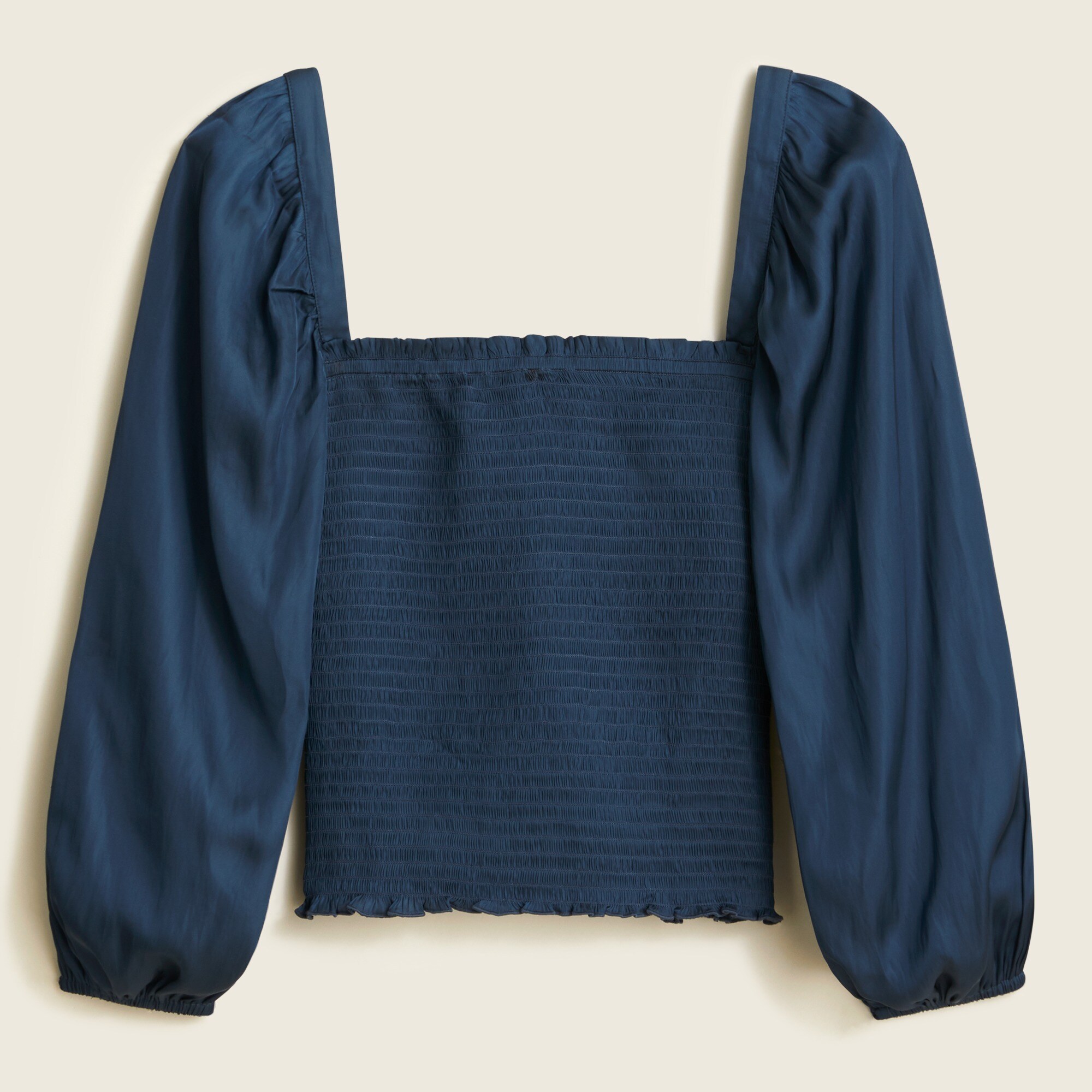 Squareneck smocked featherweight satin cropped top
