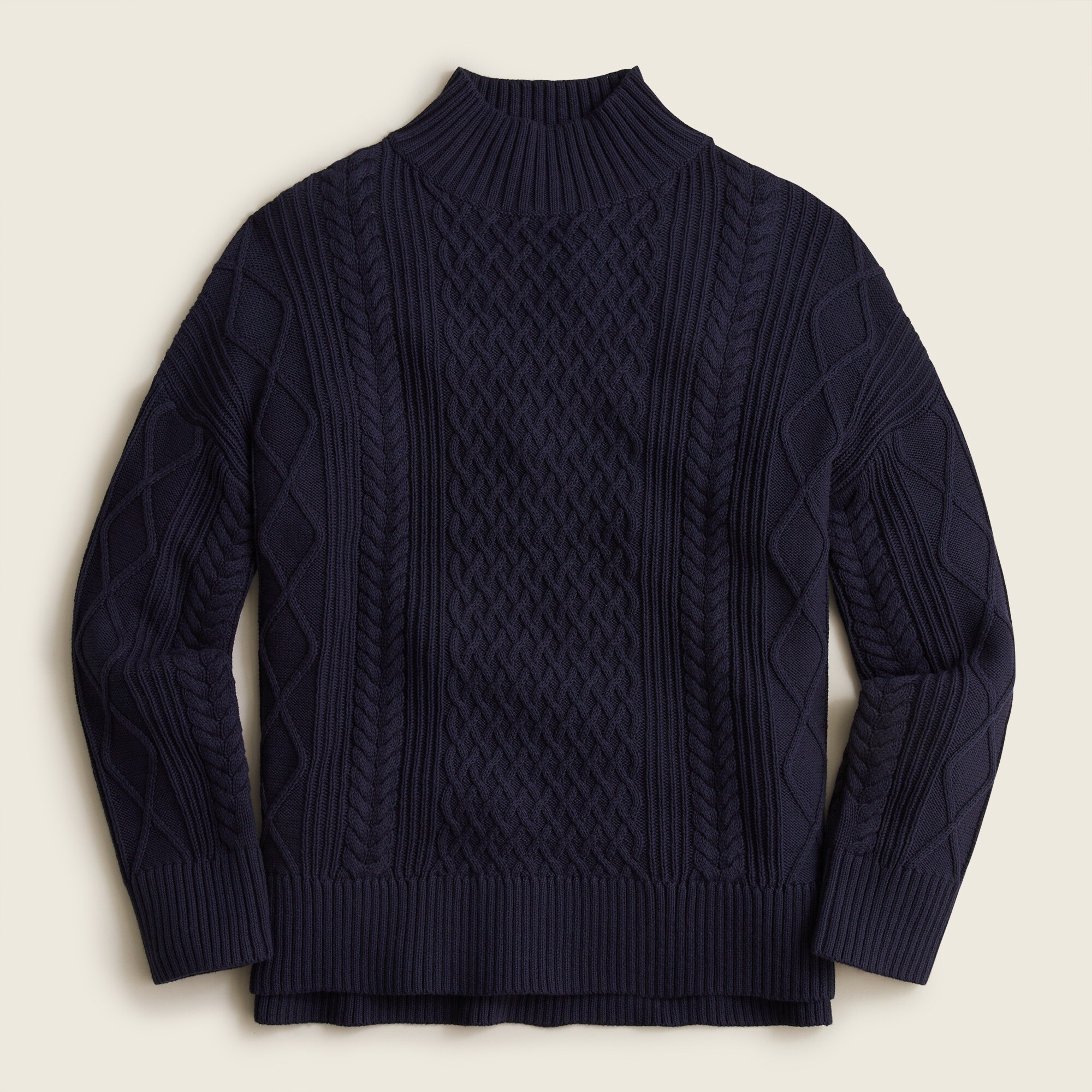 Long cotton cable-knit mockneck sweater