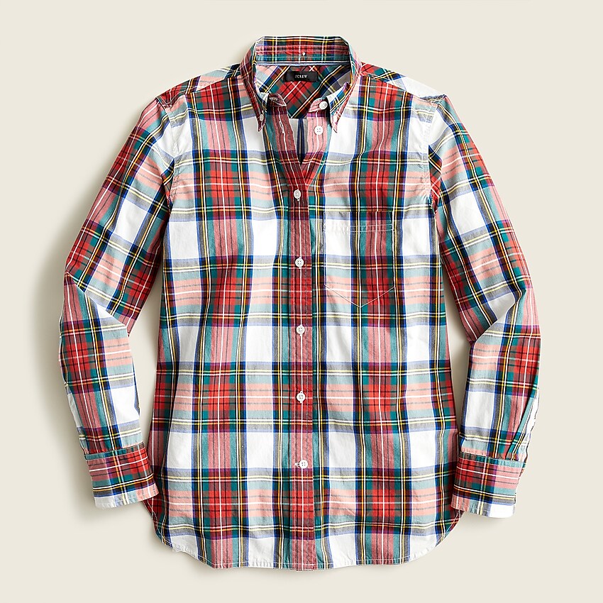 j.crew: classic-fit washed cotton poplin shirt in snowy stewart tartan for women, right side, view zoomed