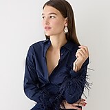 Feather-trim cotton poplin button-up shirt with collar