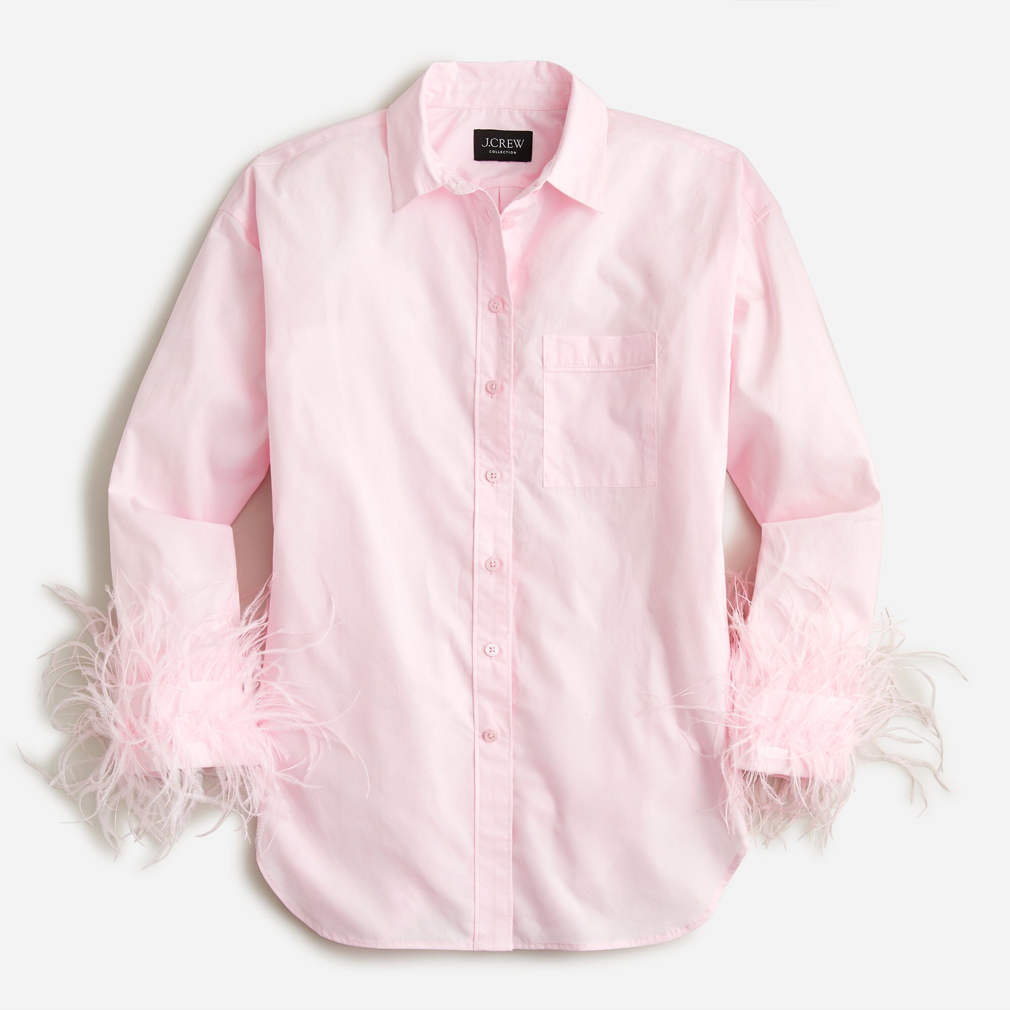 Feather-trim cotton poplin button-up shirt with collar