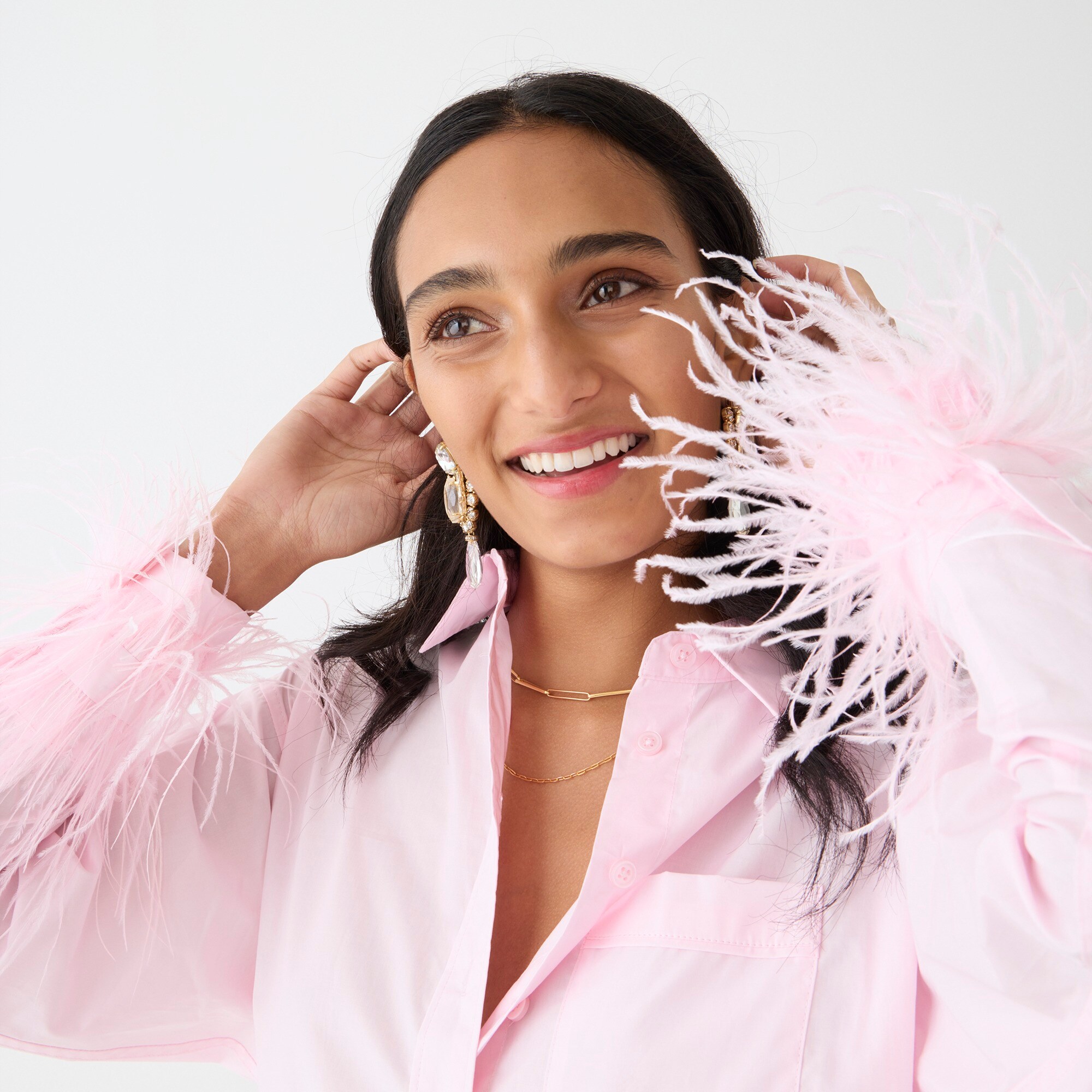 Feather-trim cotton poplin button-up shirt with collar