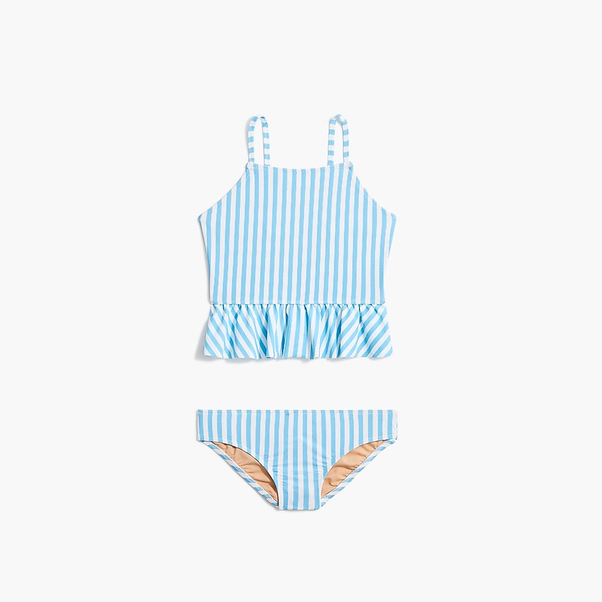 factory: girls' striped ruffle tankini set for girls, right side, view zoomed