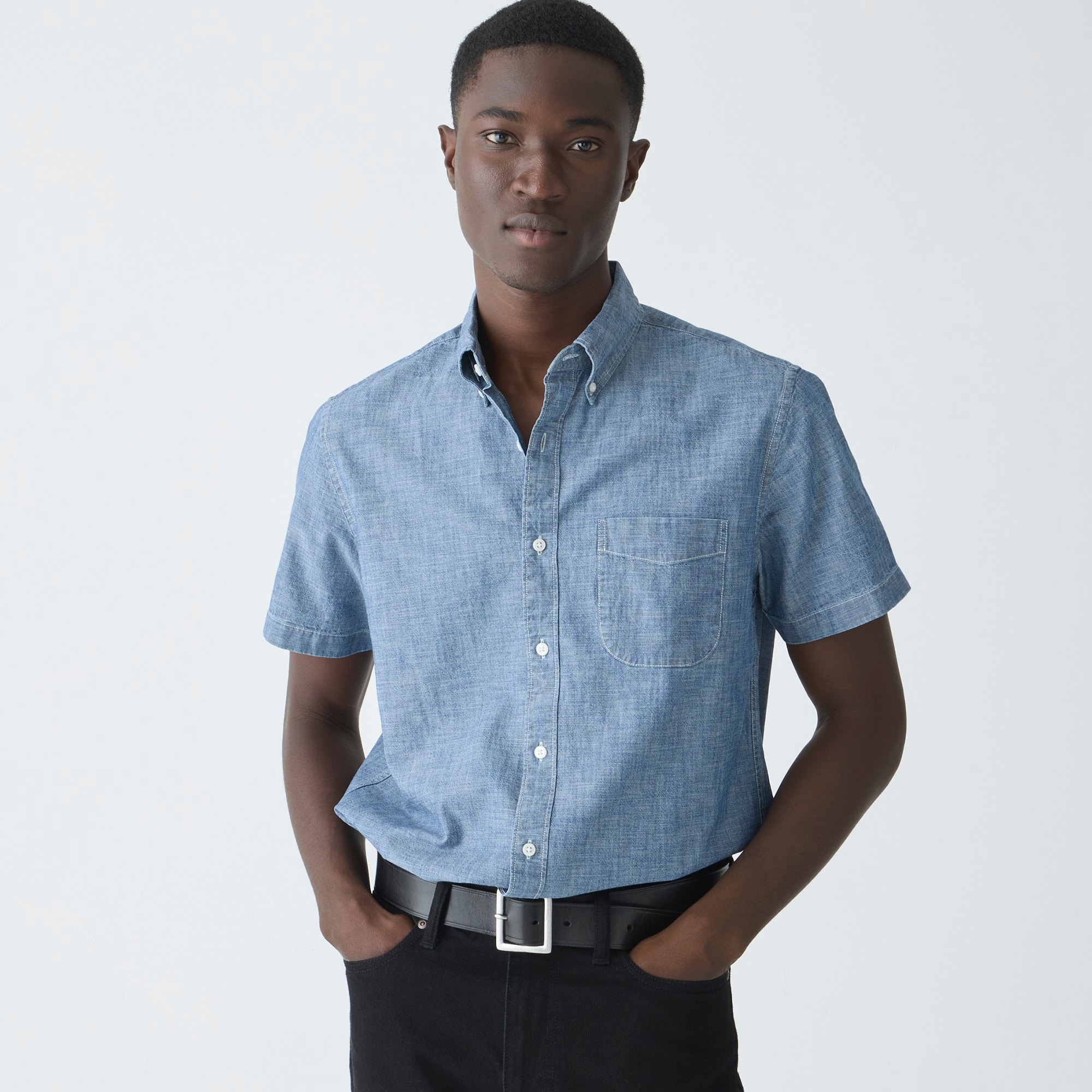 j.crew: short-sleeve indigo organic chambray shirt for men