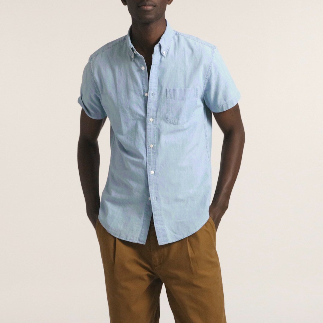 Slim short-sleeve indigo organic chambray shirt