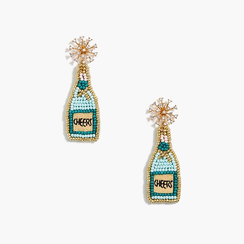 factory: beaded "cheers " statement earrings for women, right side, view zoomed