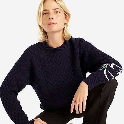 womens Limited-edition DEMYLEE New York™ X J.Crew embroidered cable-knit crewneck sweater