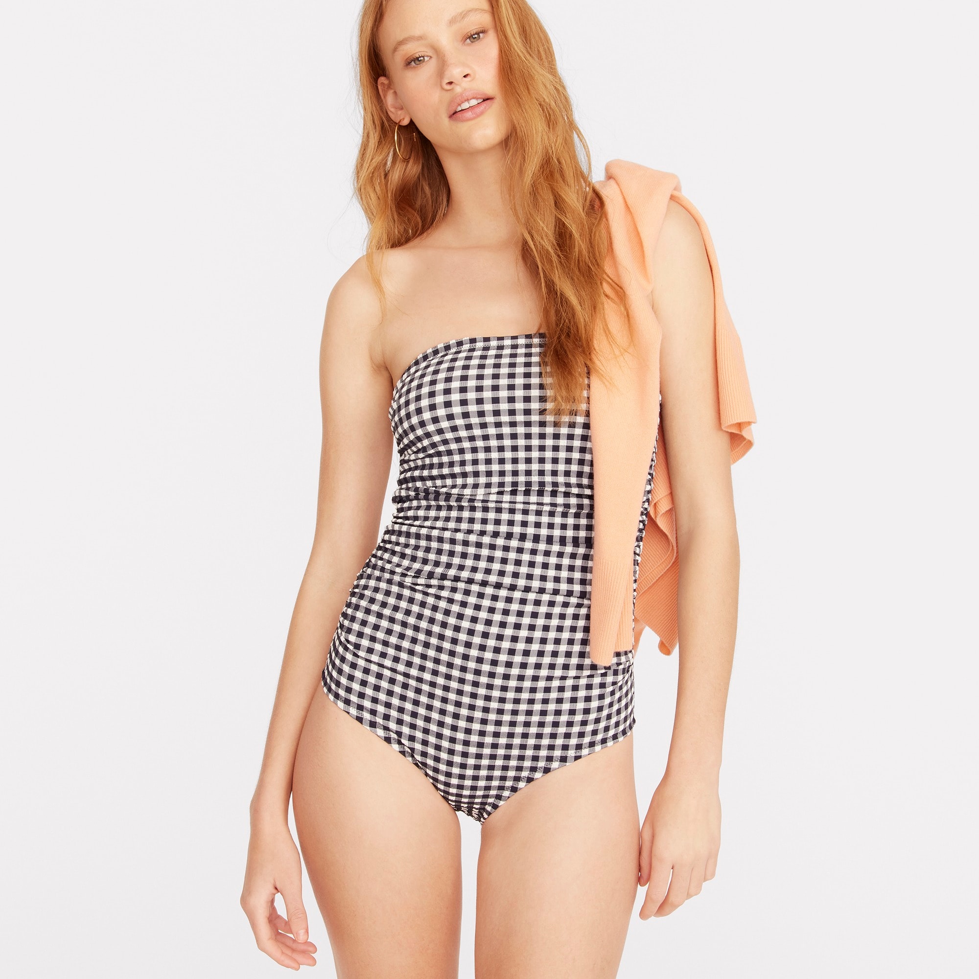 j.crew: ruched bandeau one-piece in gingham for women