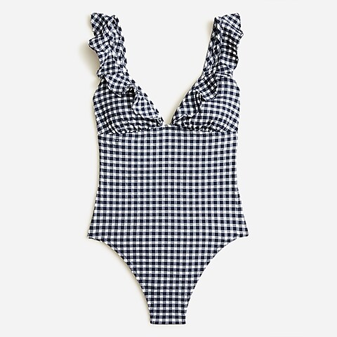 womens Ruffle V-neck one-piece in gingham