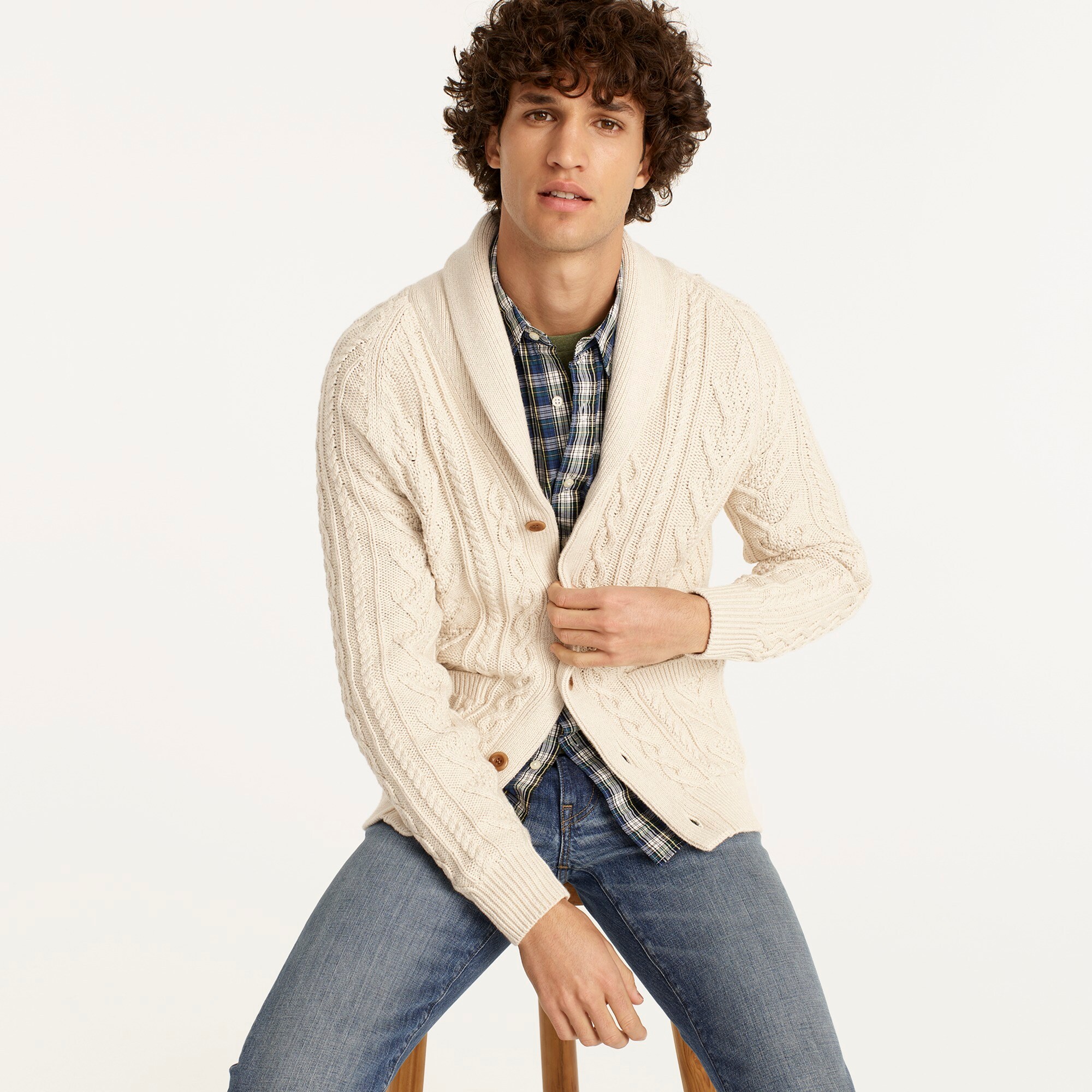 Cotton cable-knit shawl-collar cardigan sweater