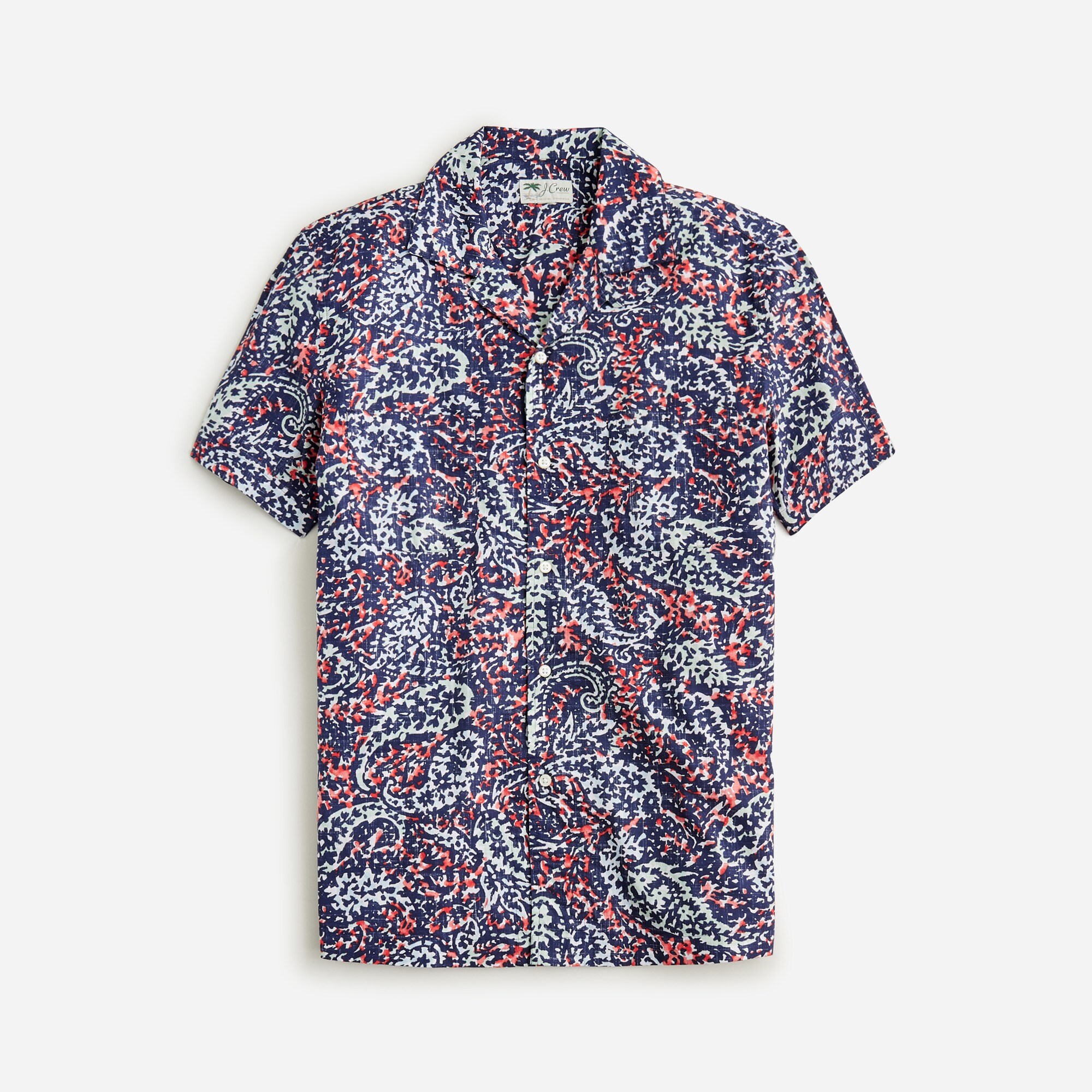 Short-sleeve slub cotton camp-collar shirt in print