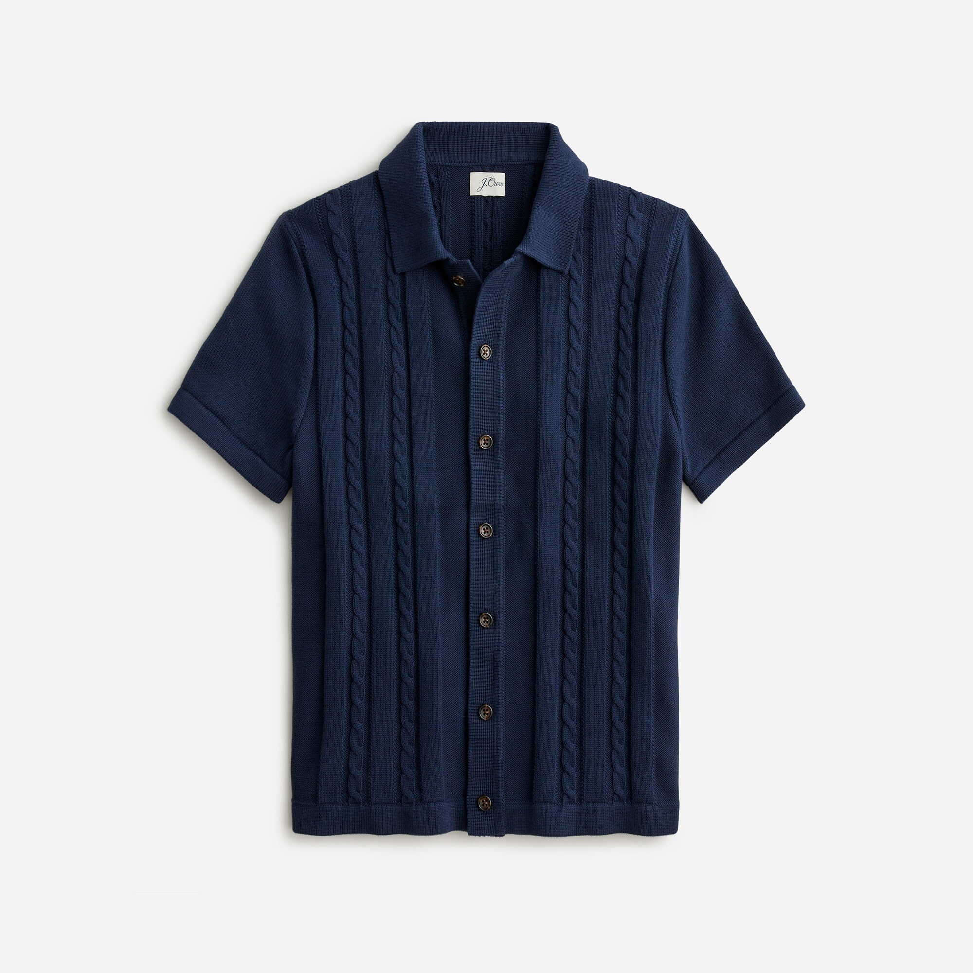 Cotton cable-knit short-sleeve cardigan sweater-polo