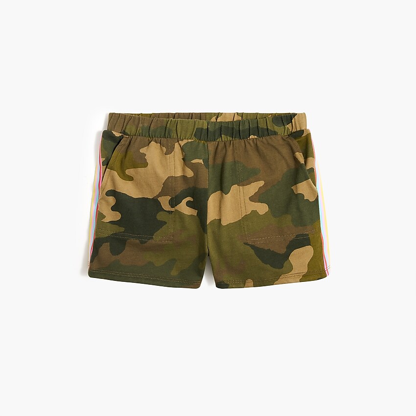 factory: girls' camo knit short with rainbow trim for girls, right side, view zoomed