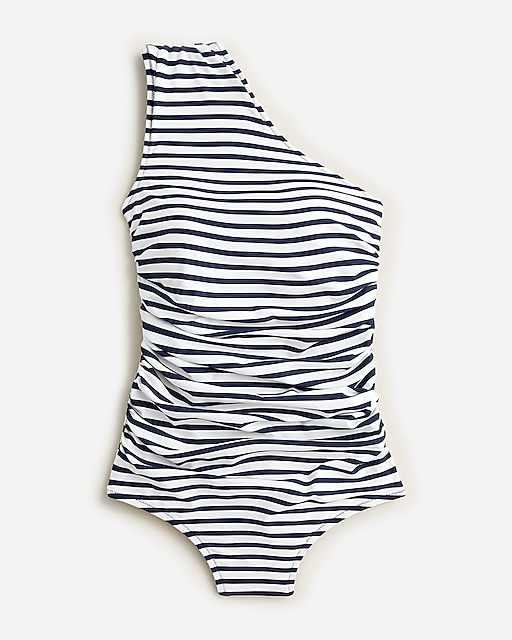  Long-torso ruched one-shoulder one-piece swimsuit in classic stripe