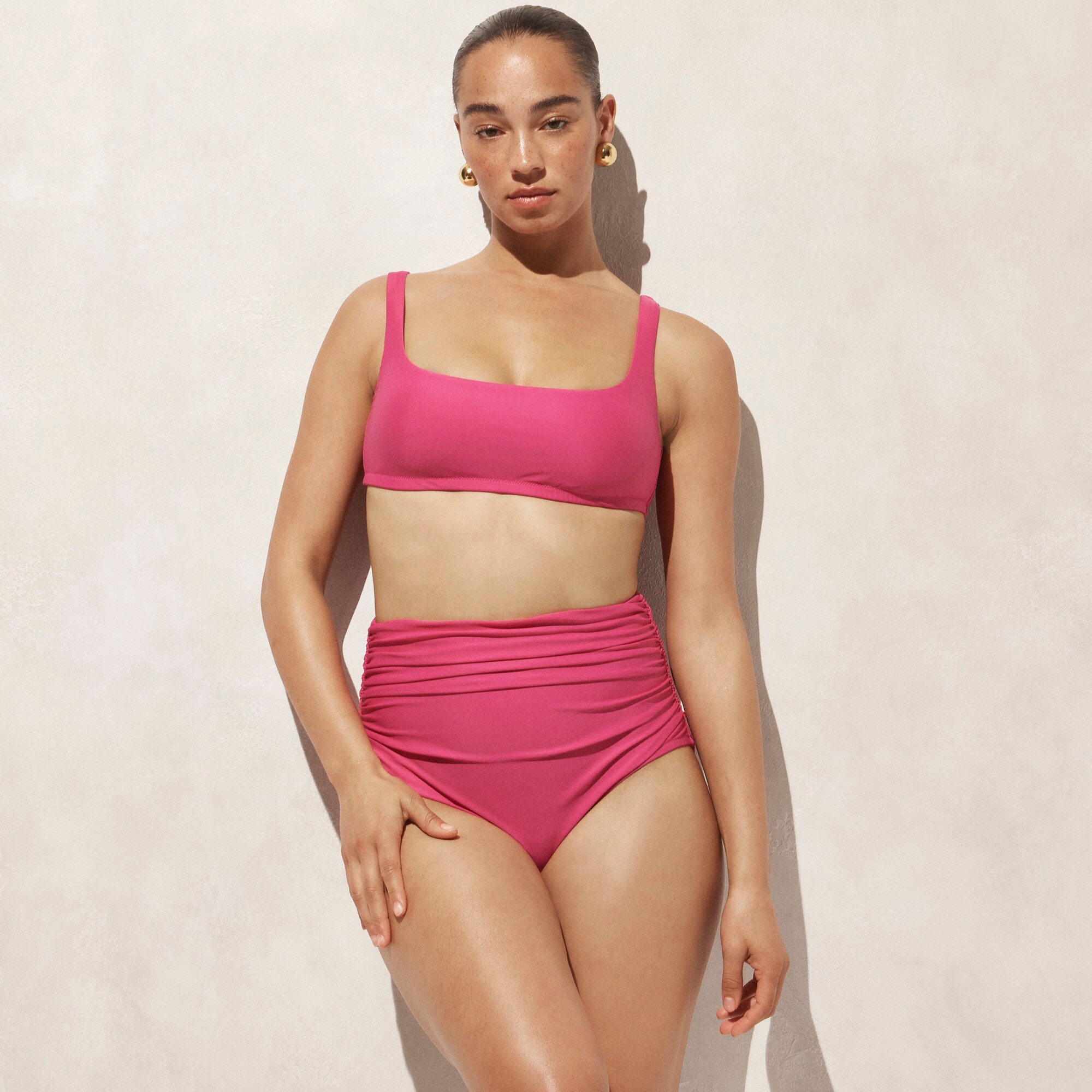 j.crew: ruched high-rise full-coverage bikini bottom for women