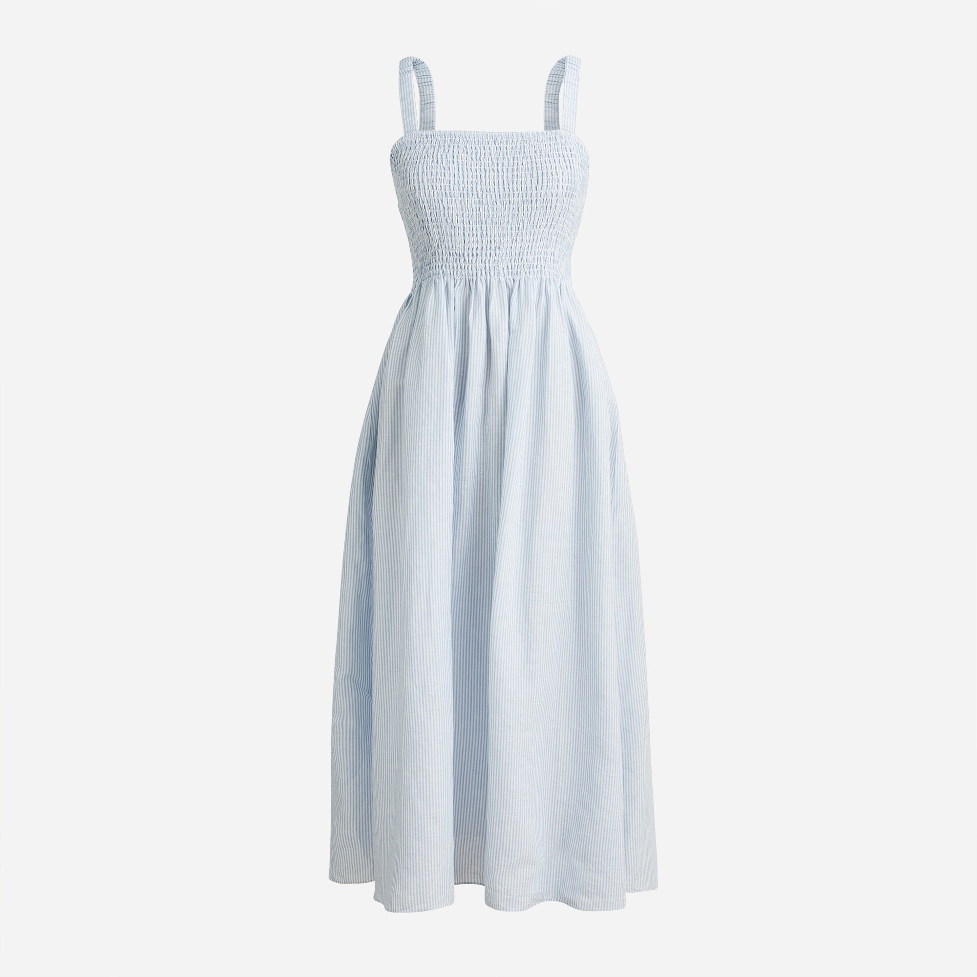 Smocked beach dress in linen-cotton blend stripe