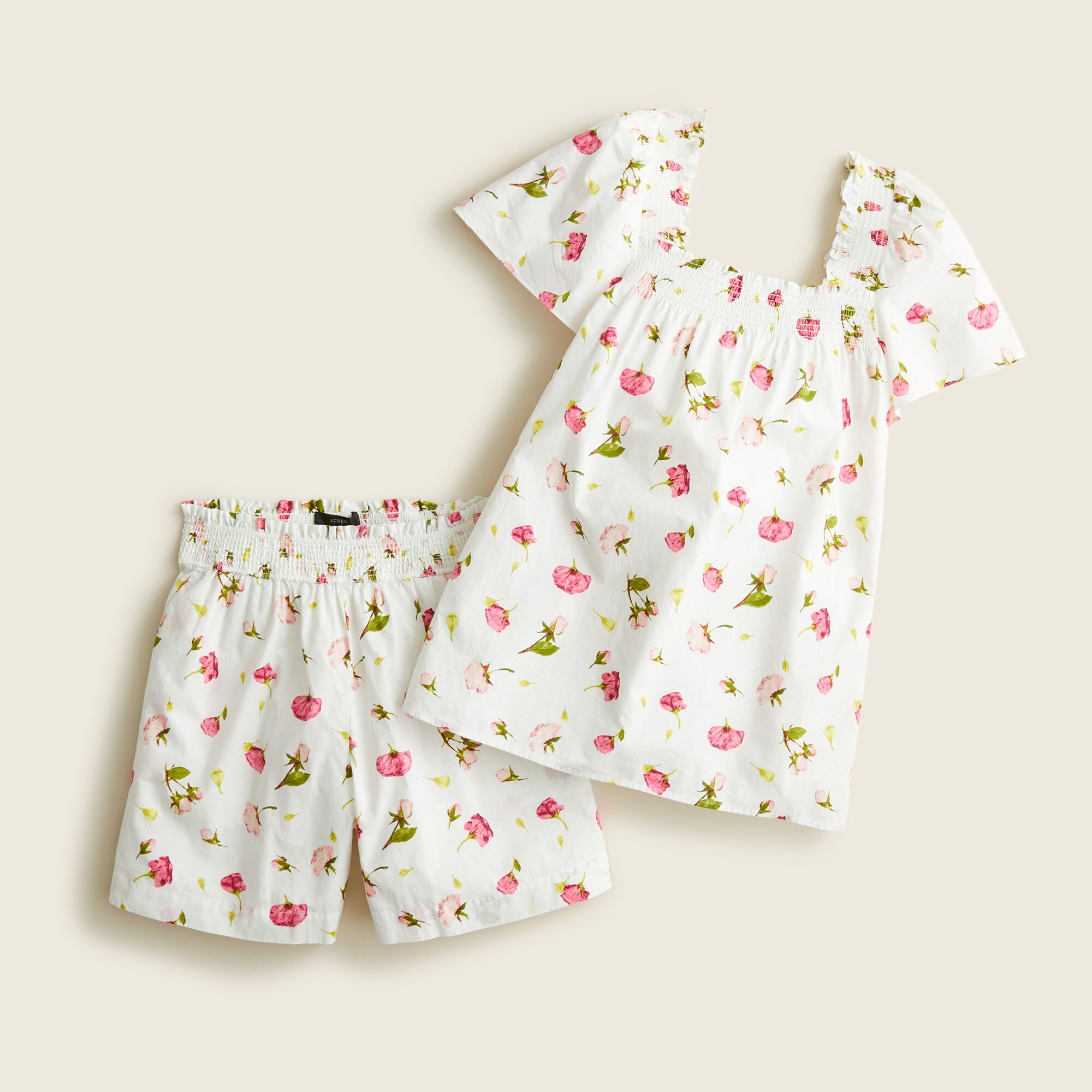 Smocked cotton poplin pajama short set in rosebud floral