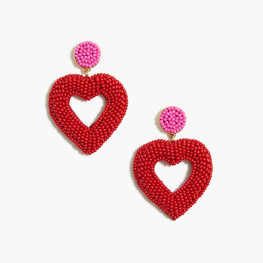 factory: beaded heart statement earrings for women, right side, view zoomed
