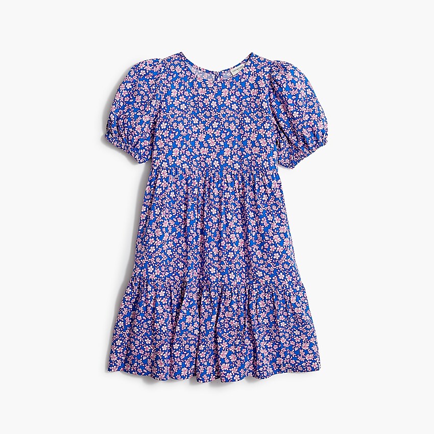 factory: girls' floral puff-sleeve tiered dress for girls, right side, view zoomed