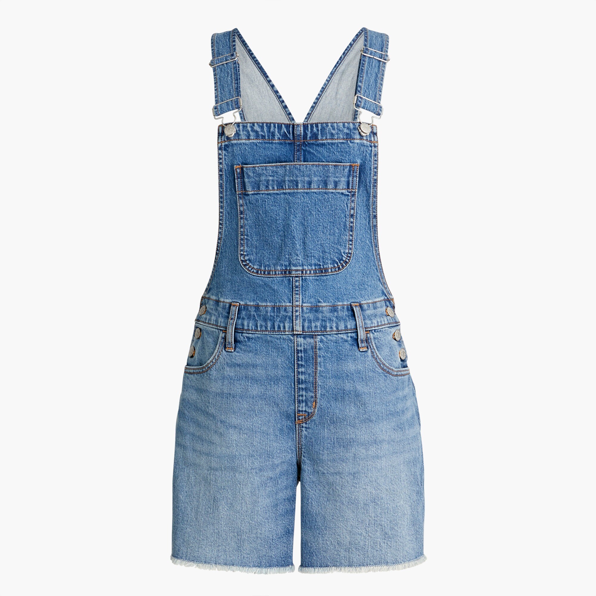 denim cutoff overalls in blue wash for women