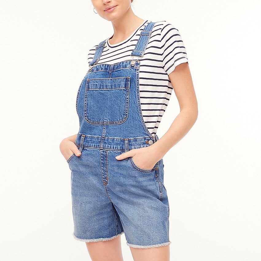 factory: denim cutoff overalls in blue wash for women, right side, view zoomed