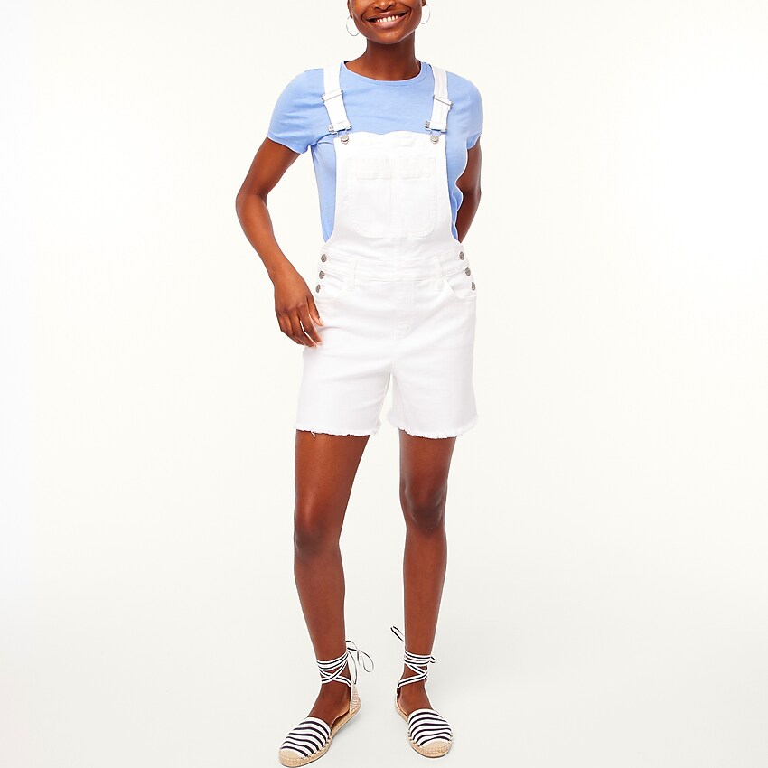 factory: denim cutoff overalls in white for women, right side, view zoomed