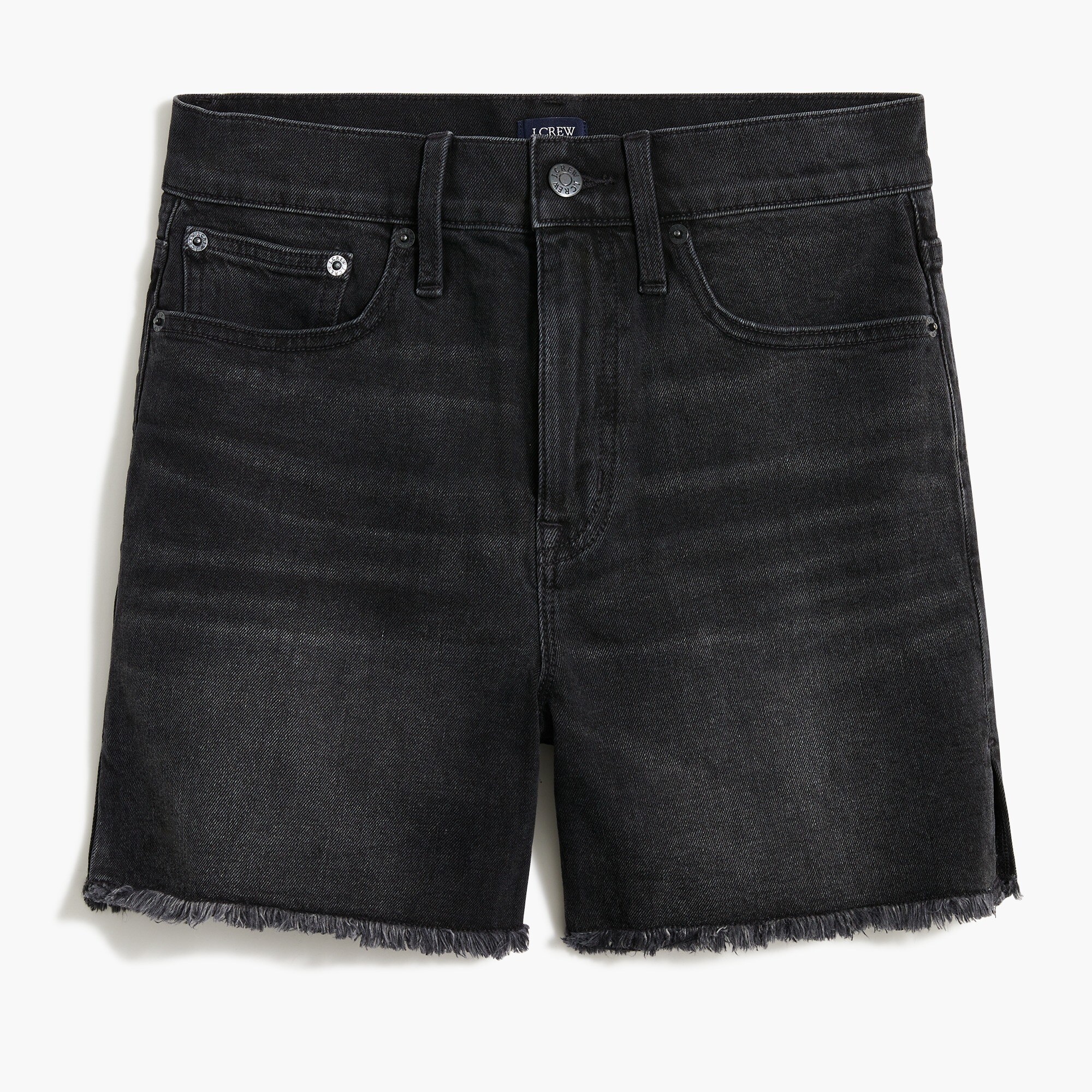 high-rise midlength denim short in washed black for women