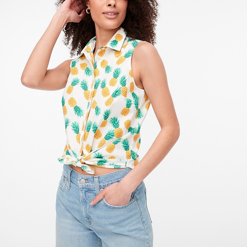 factory: sleeveless pineapple cotton poplin shirt in signature fit for women, right side, view zoomed