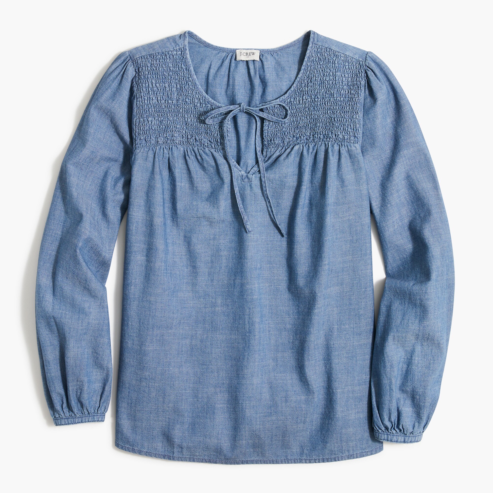 Denim tie-neck smocked top