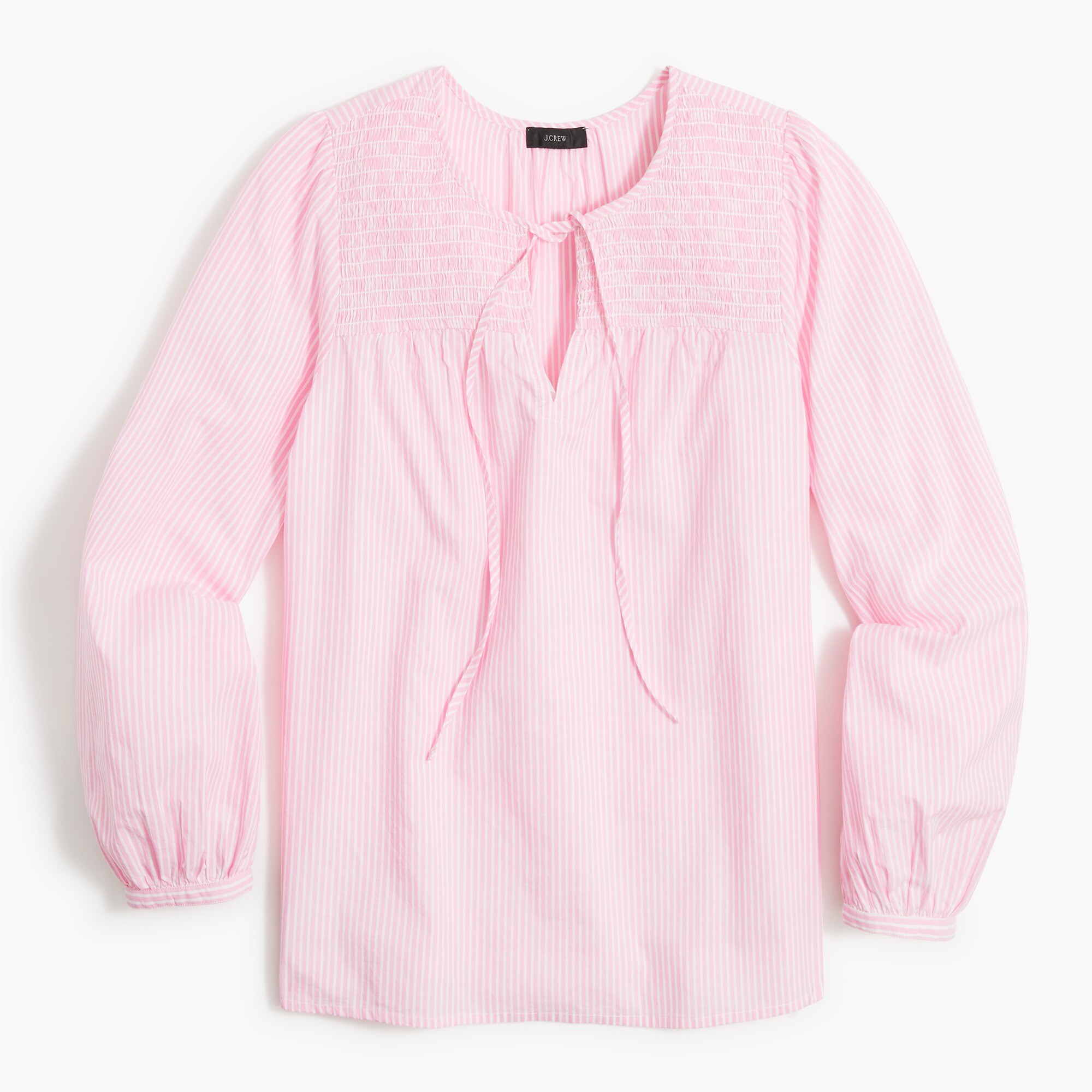 striped tie-neck smocked top for women