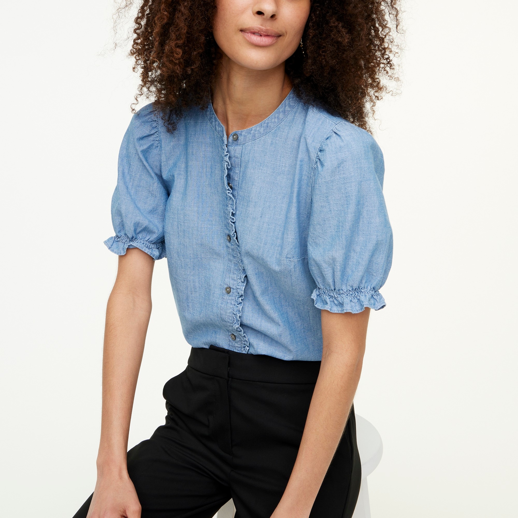 Flutter Ruffle Sleeve Poplin Top in Chambray main image 1