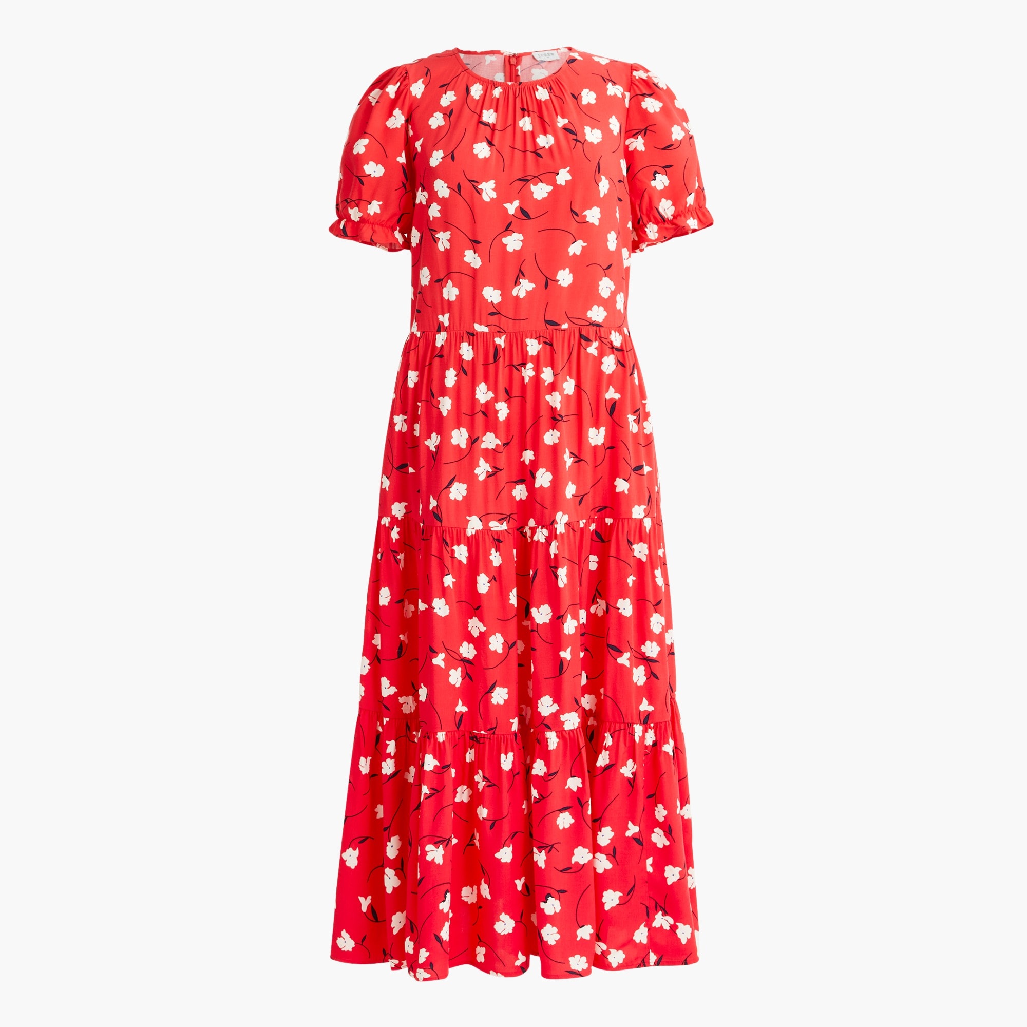 floral puff-sleeve tiered midi dress for women