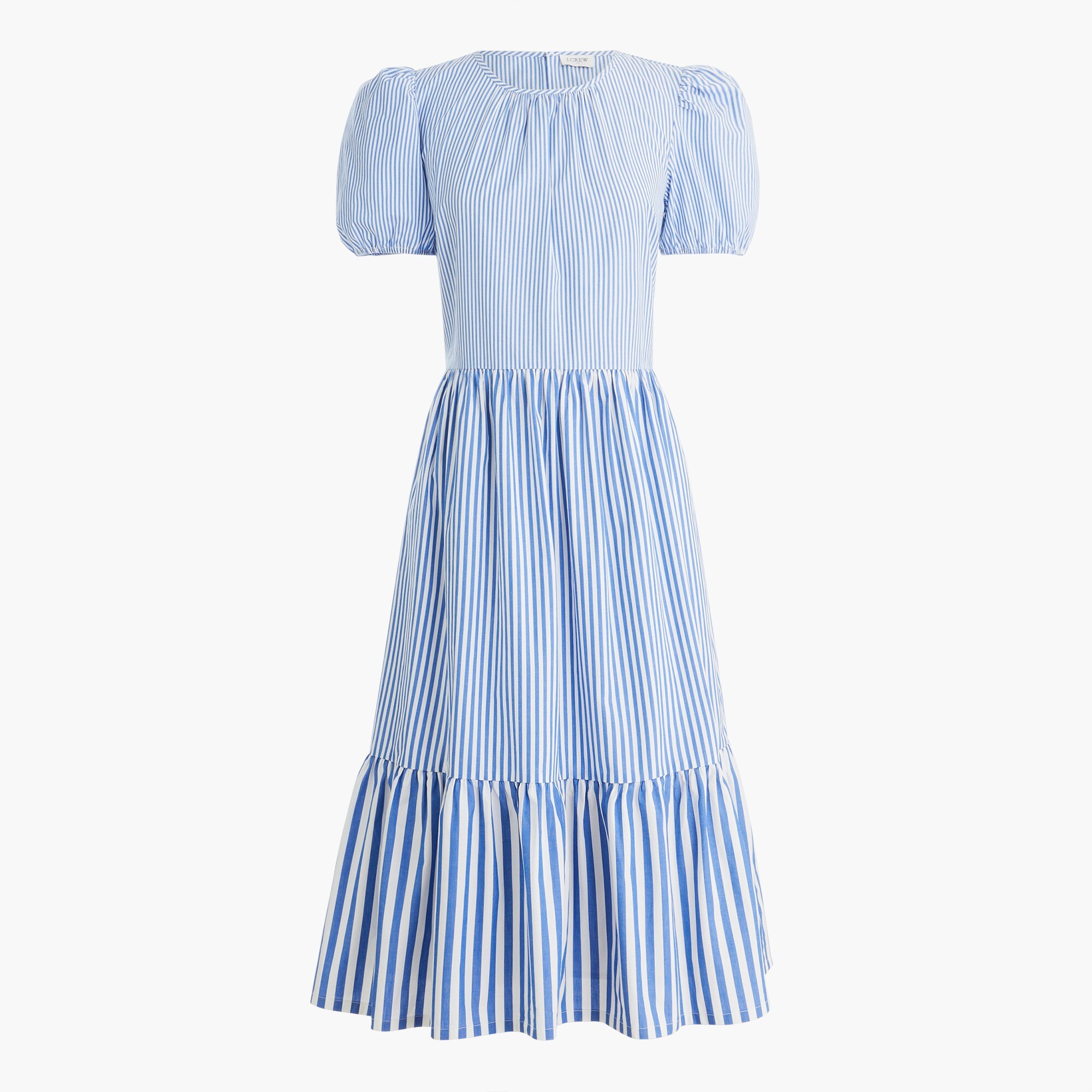 Cotton-blend poplin puff-sleeve tiered midi dress