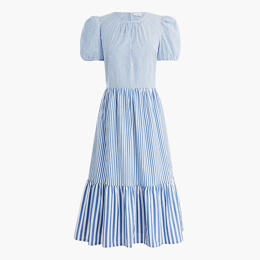 factory: cotton poplin puff-sleeve tiered midi dress for women, right side, view zoomed