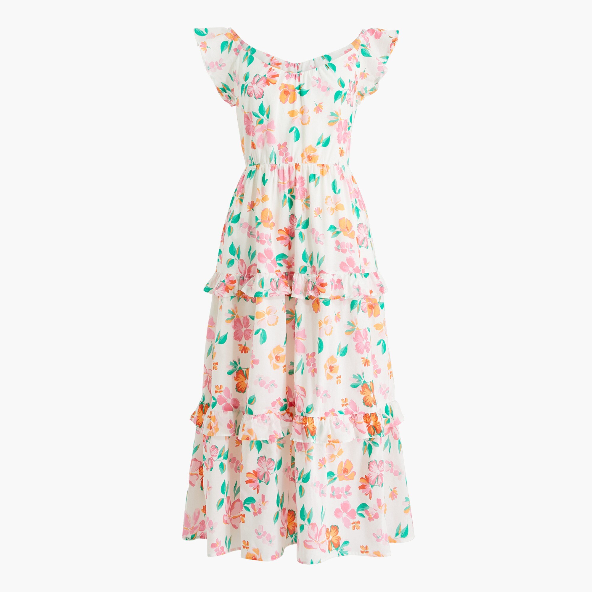 Flutter-sleeve ruffle-tiered midi dress